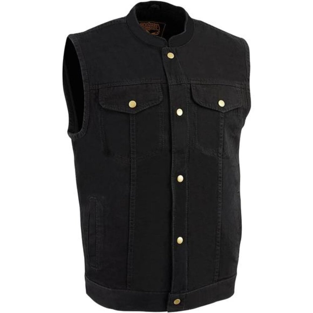 Leather Men's Classic Black Denim Club Style Vest with Snap Button Closure
